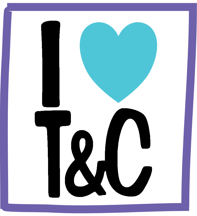 A logo of a purple box with black I, teal heart and underneath black T&C