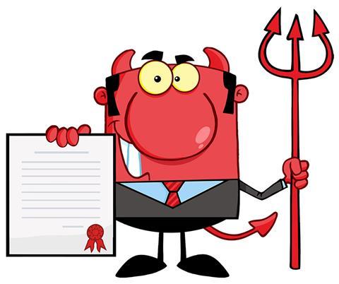 A cartoon with a devil wearing a suit, with forked tail, horns and trident. In its other hand it holds a piece of paper with a seal - probably a contract!